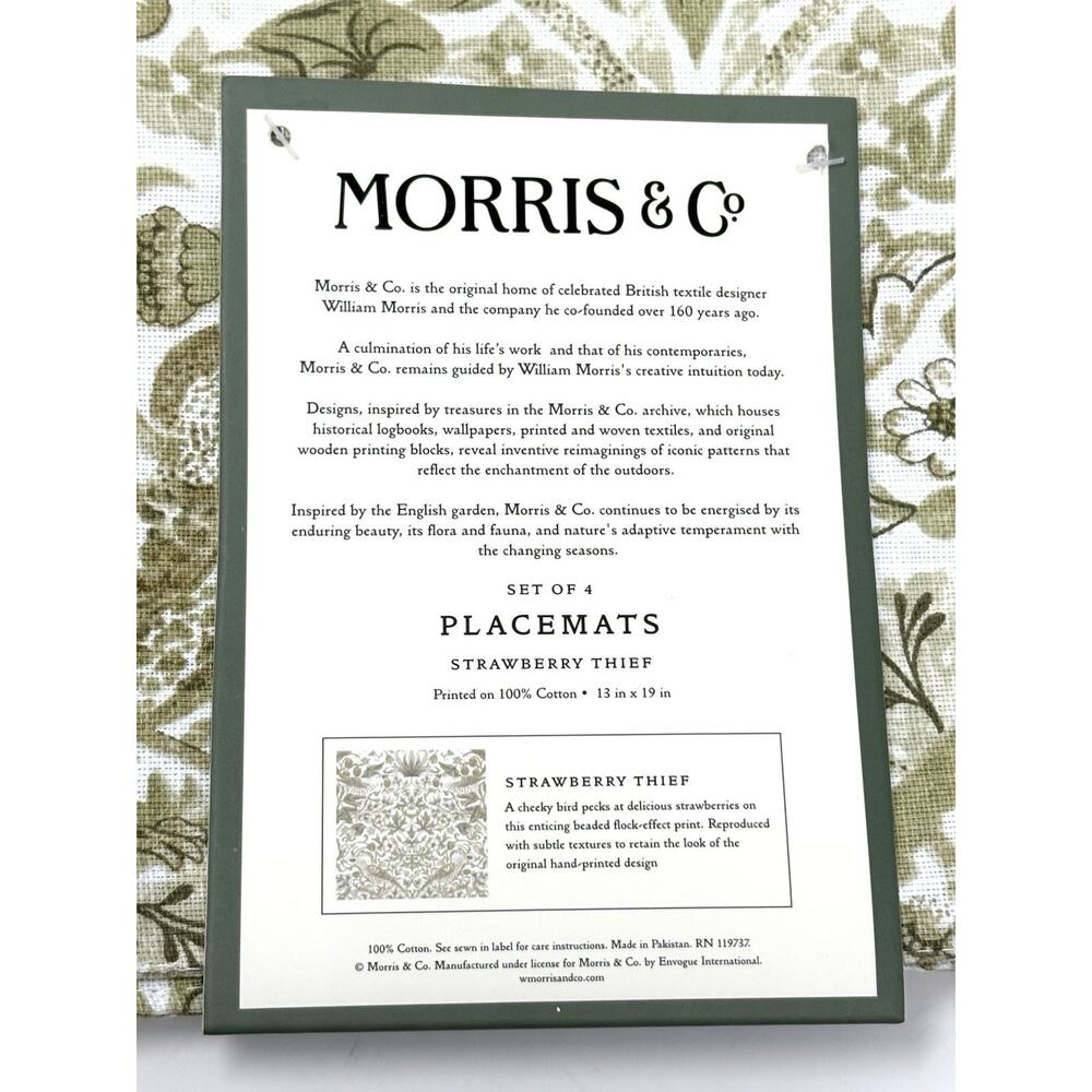 William Morris & Co Placemats Strawberry Thief Cotton Fabric 13x19 4 Sage Green - Picture 4 of 8